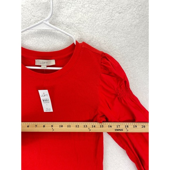LOFT Women’s Small Viva Red Ruffle‎ Cuff Mixed Media Blouse Crew Neck Office NWT - Picture 4 of 7